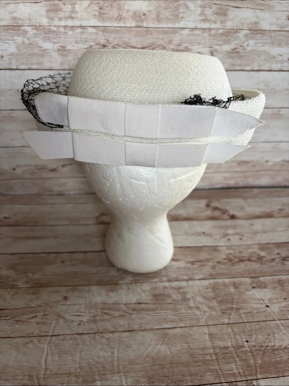 Vintage White Straw Pillbox Hat with Black Net Accent - Picture 3 of 7